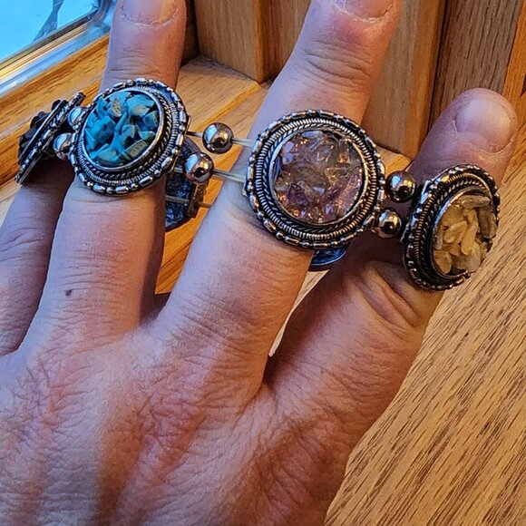 Vintage Mixed Stone Chips Stretch Silver Tone Bracelet - Picture 13 of 16